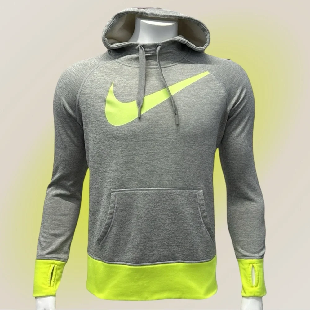 Nike Therma Fit Gray & Volt Neon Yellow Women's Athletic Pullover Hoodie Medium